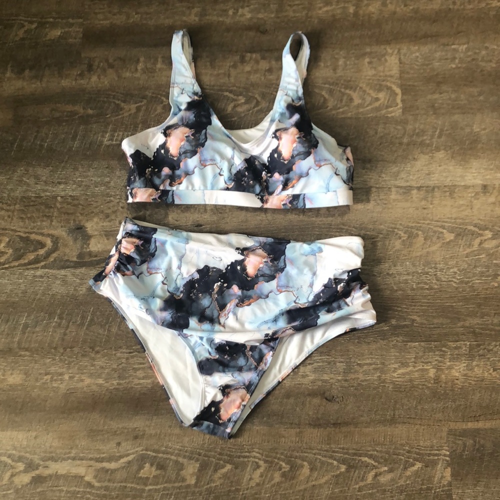 Shein blue marble 3XL ruched high waisted swim